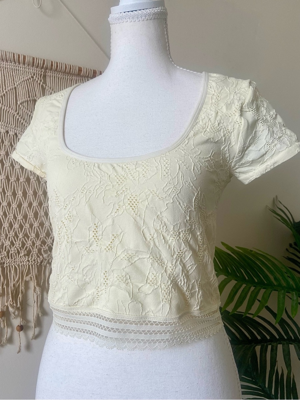 Aerie Superchill Floral Lace Crop Top Cream Scoop Neck Short Sleeve Large
